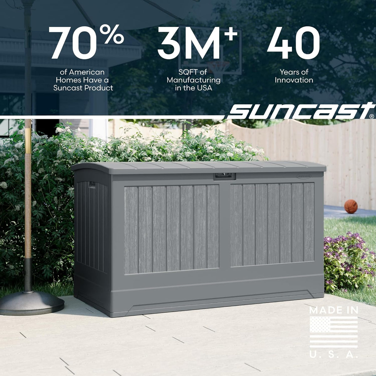 Suncast 200-gal. All-Weather Patio Deck Box, Made in the USA, with Pad-Lockable Lid, Extra-Large Outdoor Storage Unit for Patio Furniture and Grill