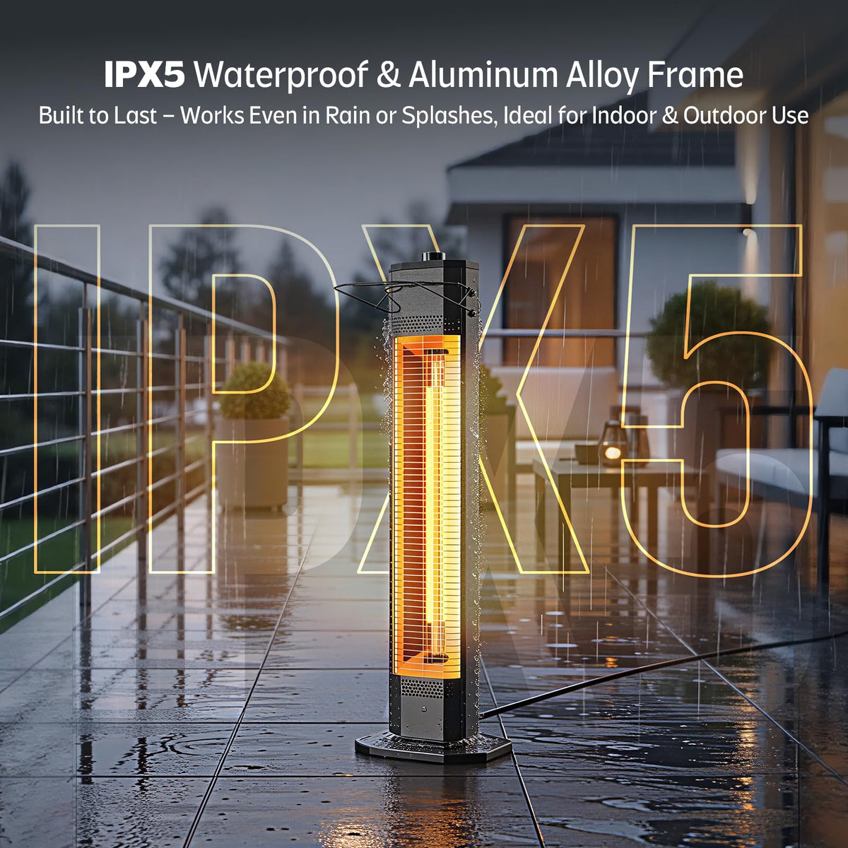 Outdoor Electric Patio Heater, 42-inch 1500W Infrared Tower Heater with 9 Heat Settings & 9H Timer, IPX5 Waterproof, Safety Lock, Tip-Over & Overheat