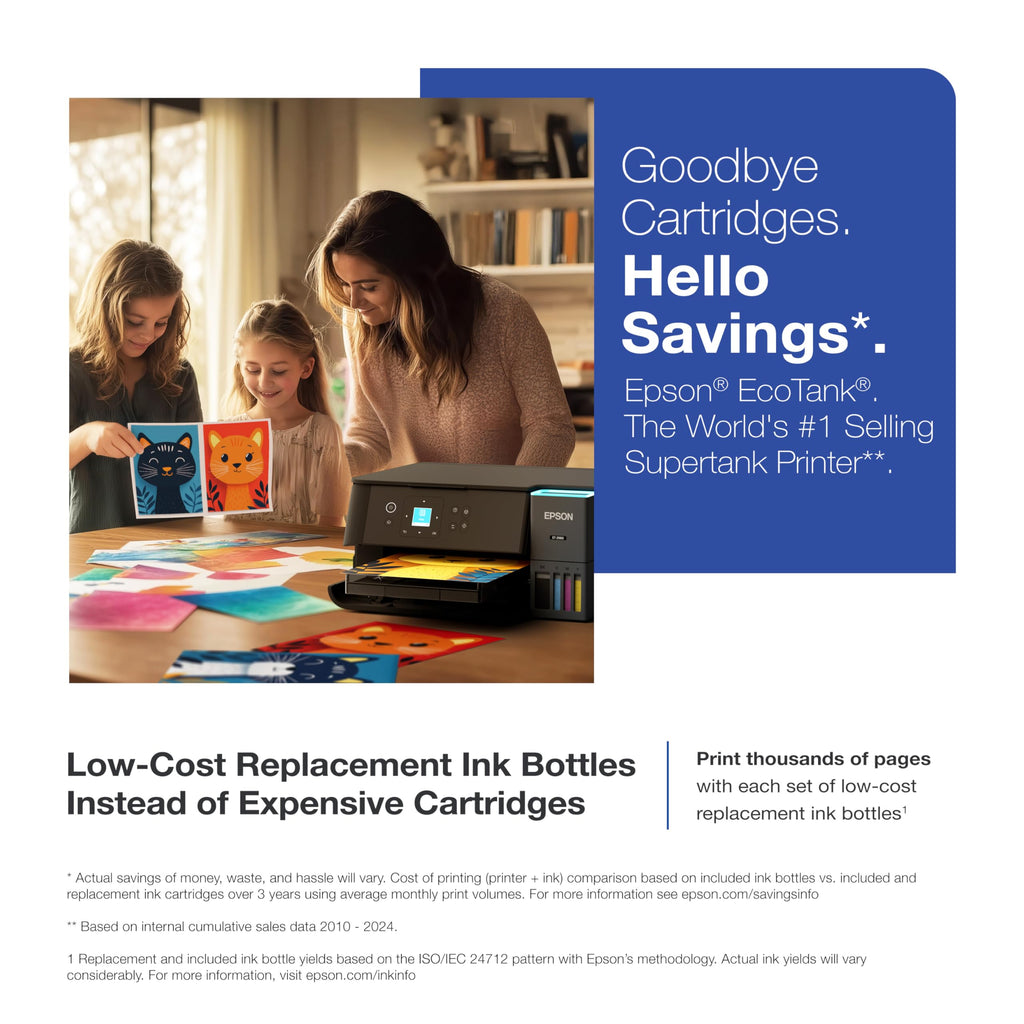 Epson EcoTank ET-2980 Wireless All-in-One Color Supertank Printer with up to 3 Years of Ink, Refillable Tanks, Perfect for Home, 15 PPM, 1.44" Color