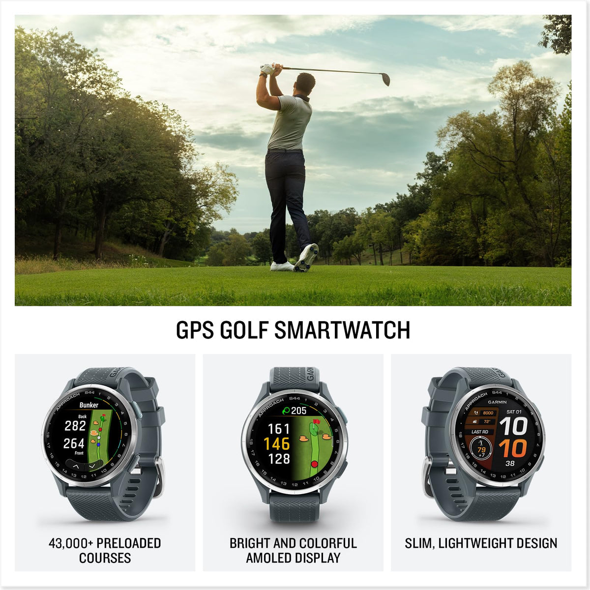 Garmin Approach® S44, Essential Golf GPS Smartwatch, AMOLED Display, On-Course Features, Silver Aluminum Bezel with Black Silicone Band