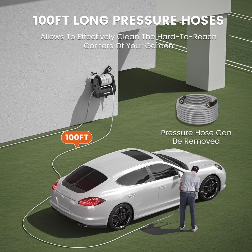 Giraffe Tools Grandfalls Retractable Wall Mount Pressure Washer Plus, Max 2900PSI 2.2 GPM, Electric Power Washer with 100ft Pressure Hose for Car