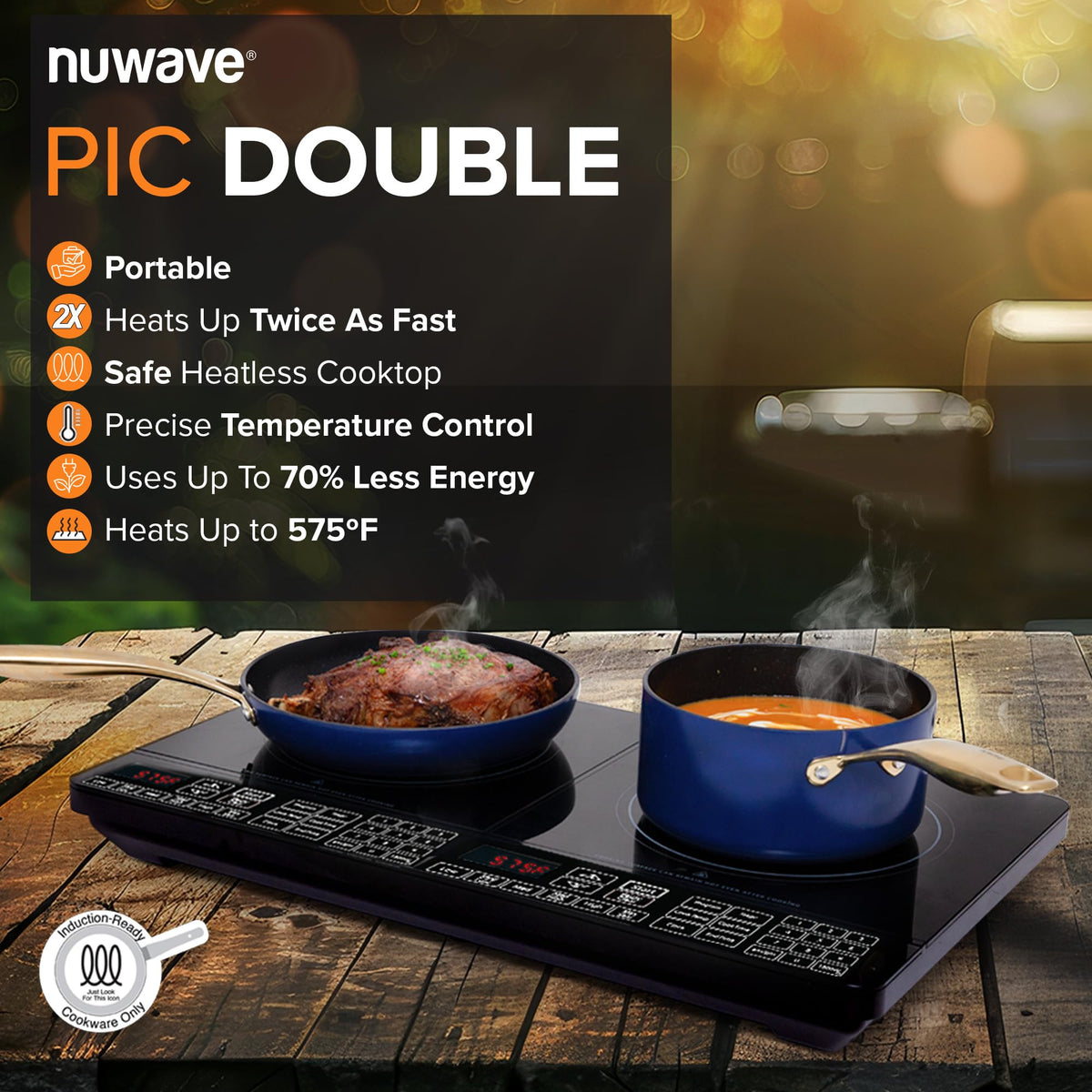 Nuwave Double Cooktop Induction Countertop Burner, Portable, 900 & 1800W, 100F to 575F, Large 8 Heating Coil, 50 Pre-Programmed Settings, Shatter