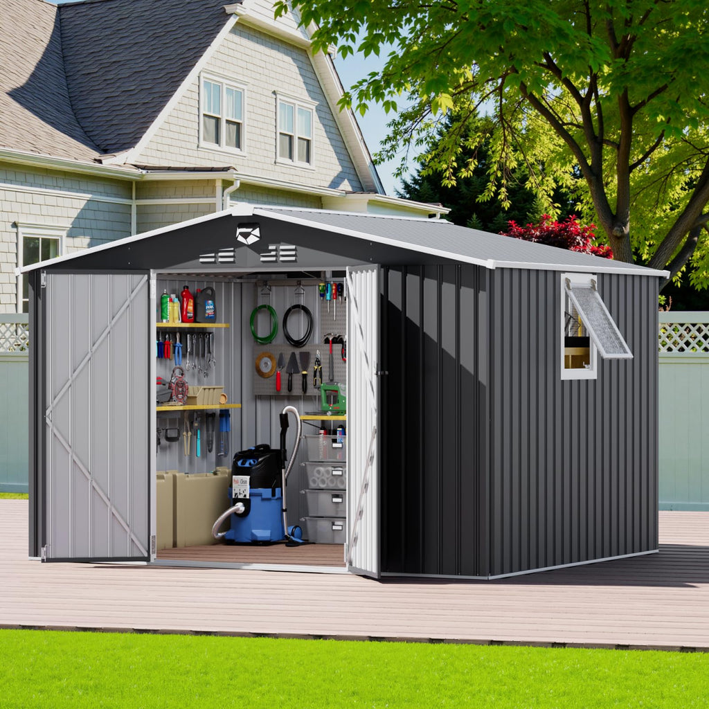 10x12 FT Outdoor Storage Shed, Metal Garden Shed - Tool Storage Sheds with Lockable Doors & 1 Clear Window, Waterproof Outside Storage Building for