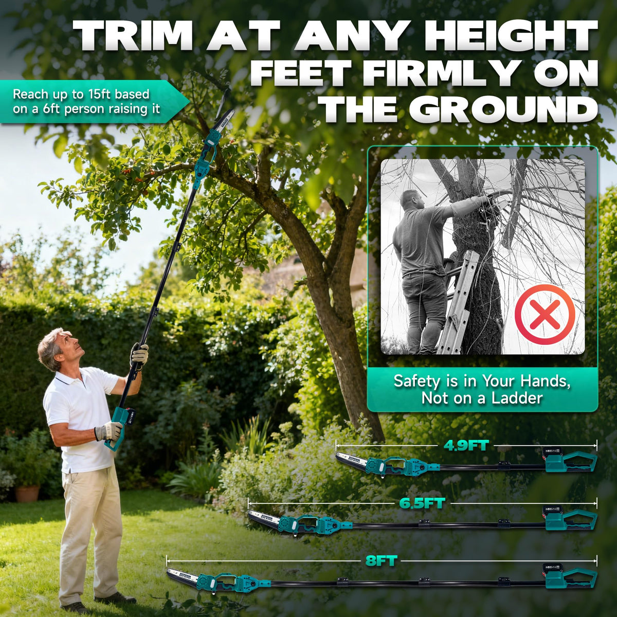 2-in-1 Cordless Pole Saw & 8'' Mini Chainsaw,Forest Ranger Approved Electric Handheld Chain Saw with 2 21V 4.0Ah Rechargeable Batterie&Charger, Auto
