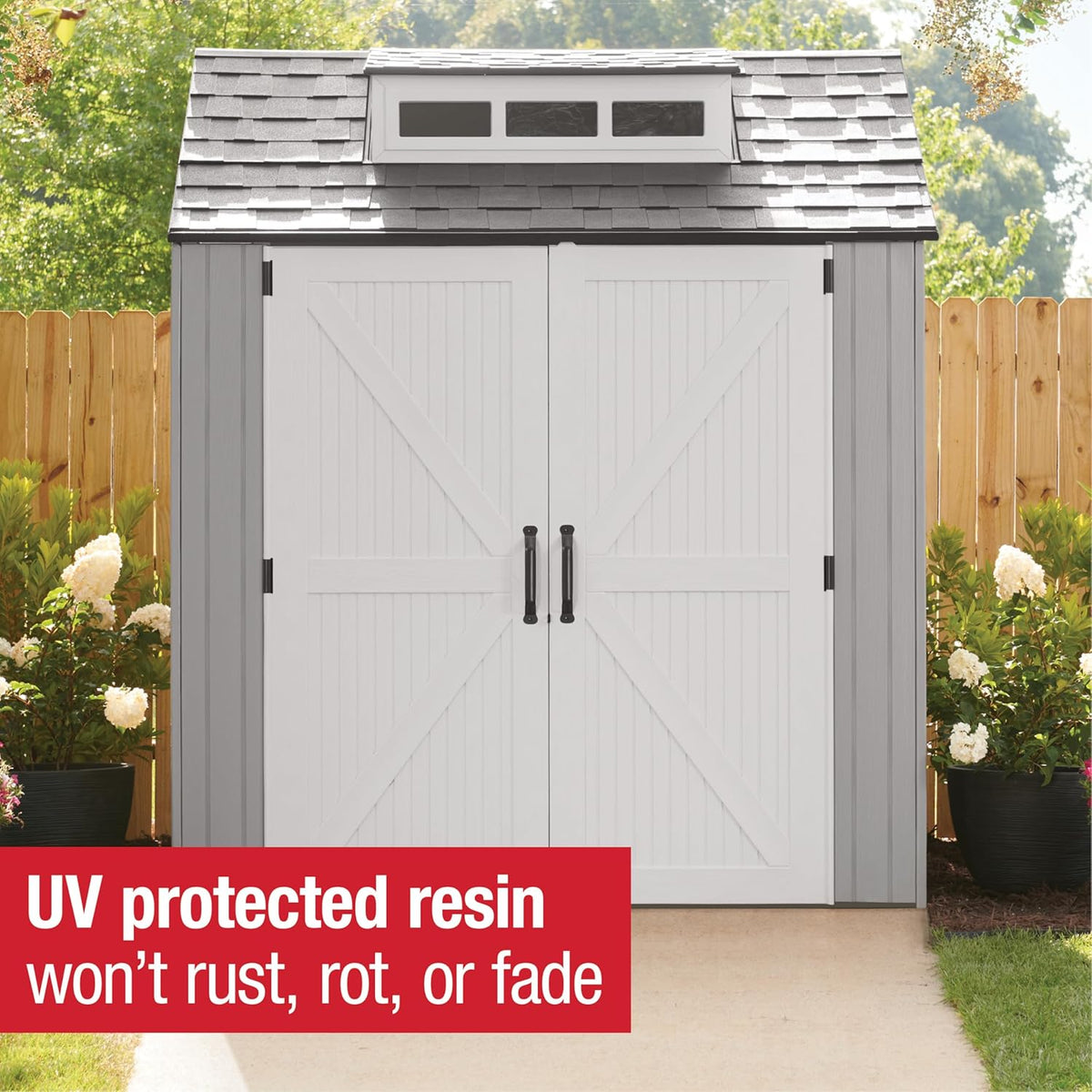Rubbermaid Resin Outdoor Storage Shed With Floor (7 x 7 Ft) Weather Resistant Gray Organization for Home/Backyard/Garden Tools/Lawn Mower/Bike