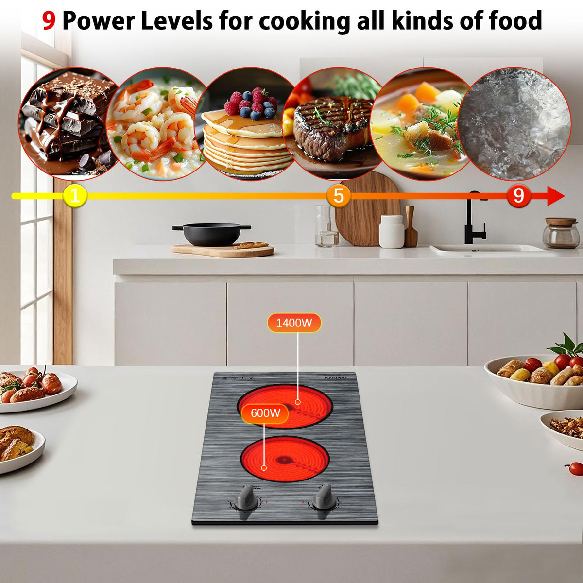 Karinear Electric Cooktop 24 Inch, 4 Burners Electric Stove Knob Control, Built-in Ceramic Cooktop with Beautiful Woodgrain Pattern Glass Surface