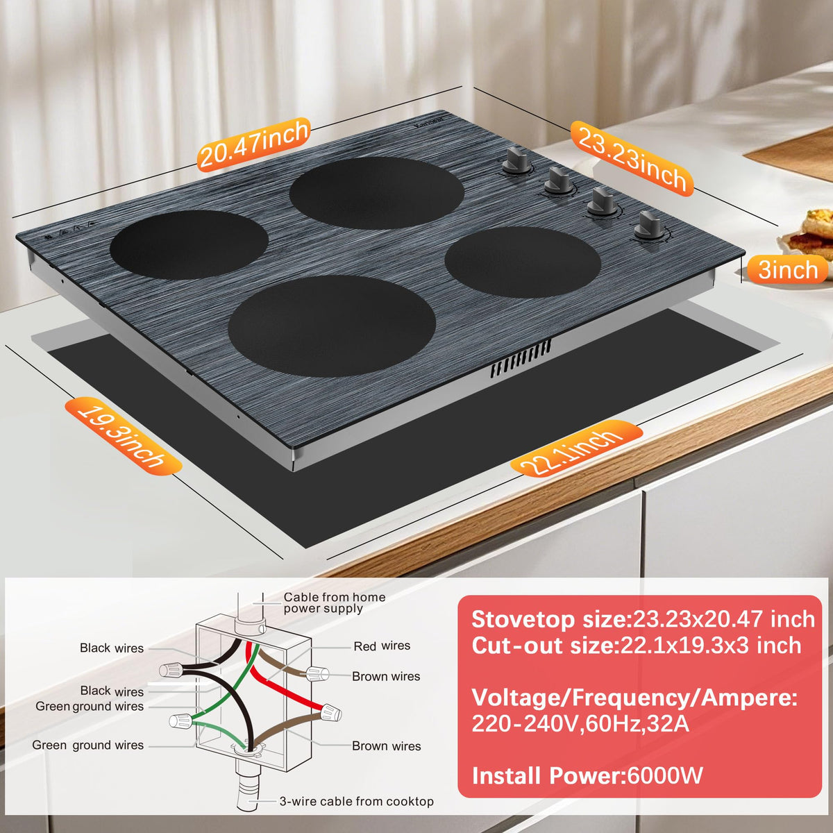 Karinear Electric Cooktop 24 Inch, 4 Burners Electric Stove Knob Control, Built-in Ceramic Cooktop with Beautiful Woodgrain Pattern Glass Surface