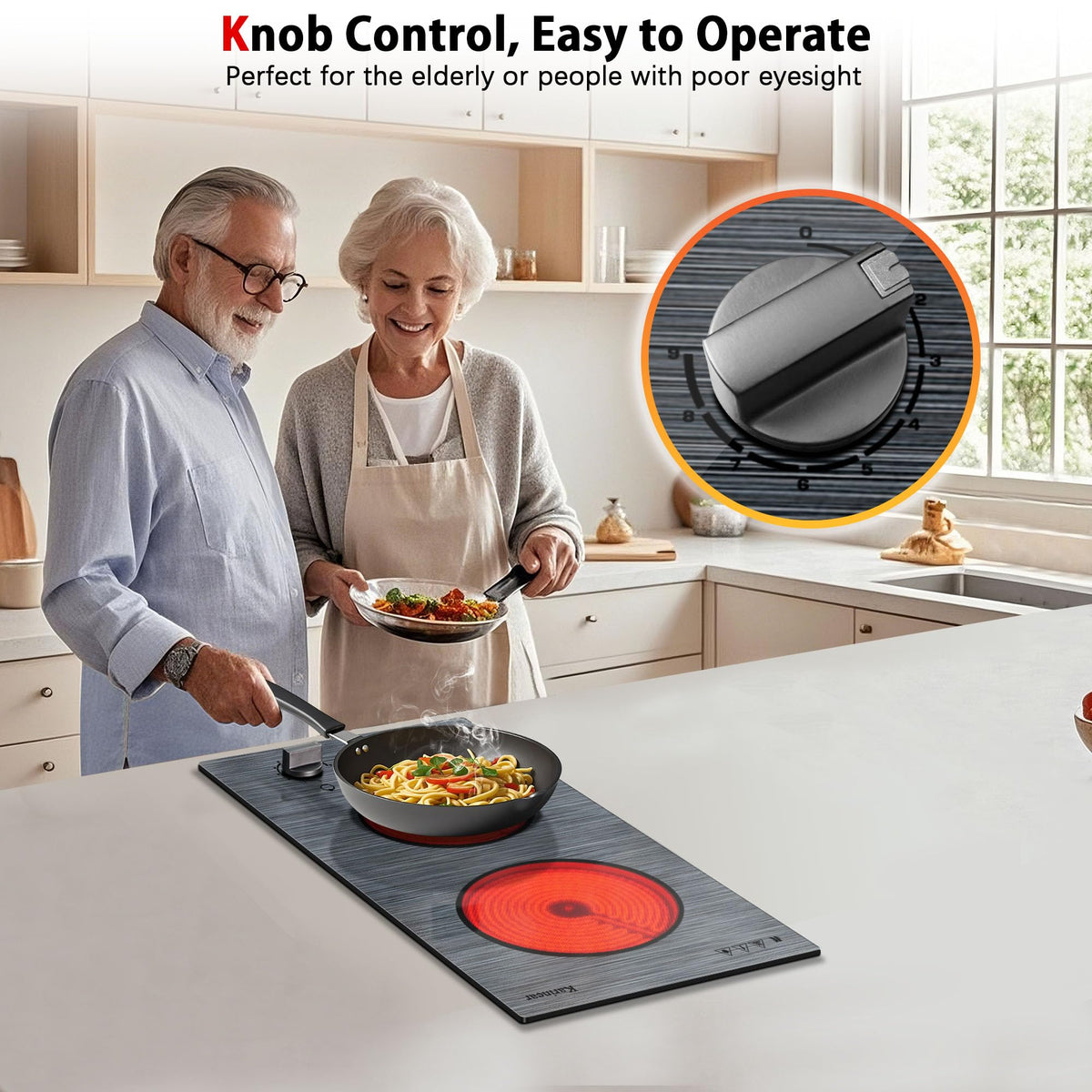 Karinear Electric Cooktop 24 Inch, 4 Burners Electric Stove Knob Control, Built-in Ceramic Cooktop with Beautiful Woodgrain Pattern Glass Surface