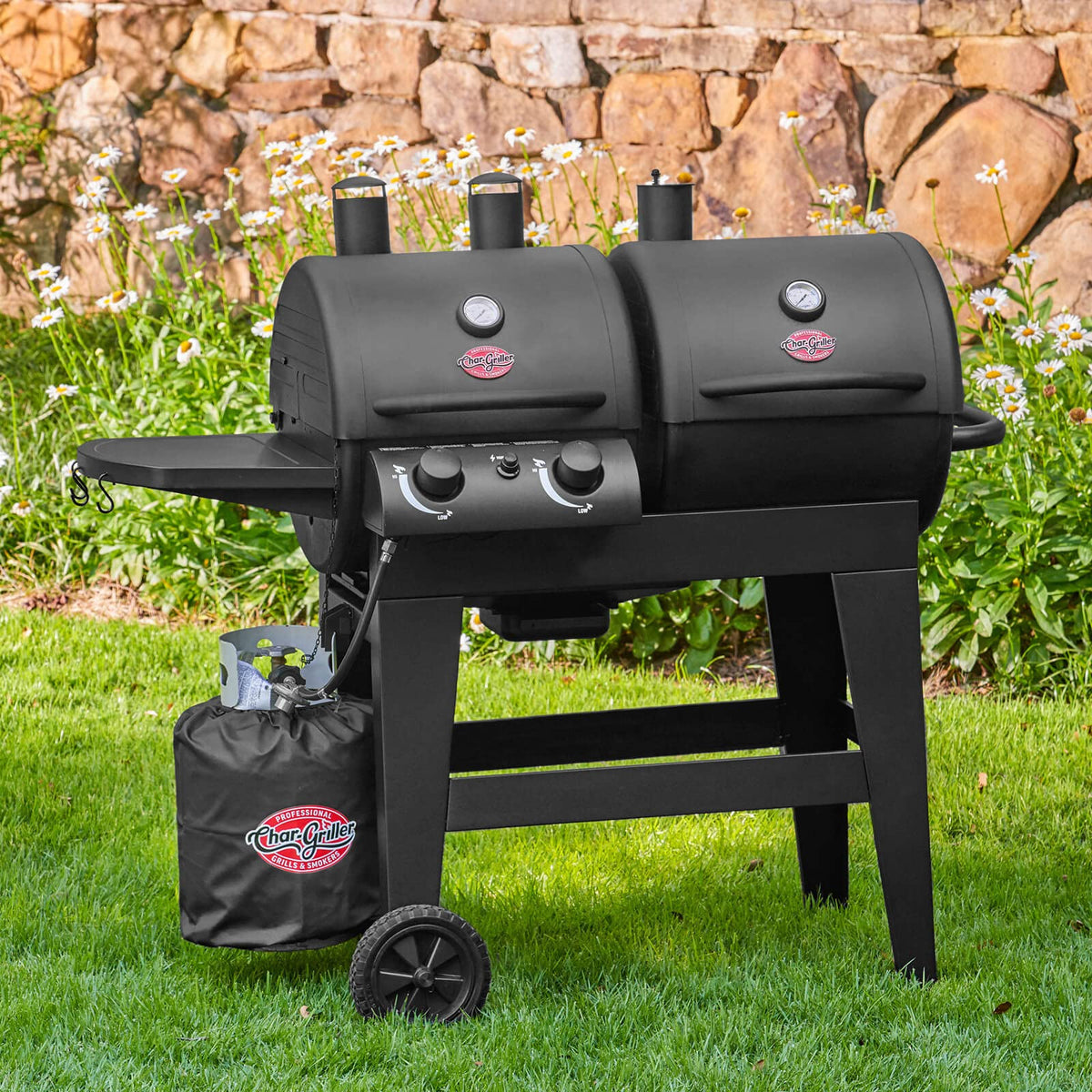 Char-Griller® Dual-Function 2-Burner 24,000 BTU Propane Gas and Charcoal Combination Grill and Smoker with 870 Cooking Square Inches in Black