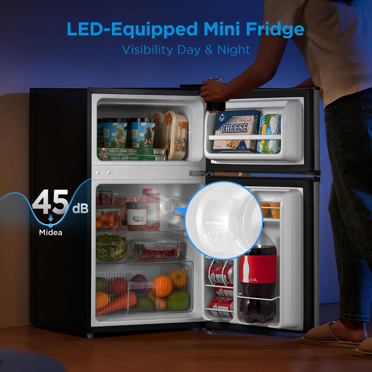 Midea WHD-113FB1 Double Door Mini Fridge with Freezer for Bedroom Office or Dorm with Adjustable Remove Glass Shelves Compact Refrigerator, 3.1 cu ft