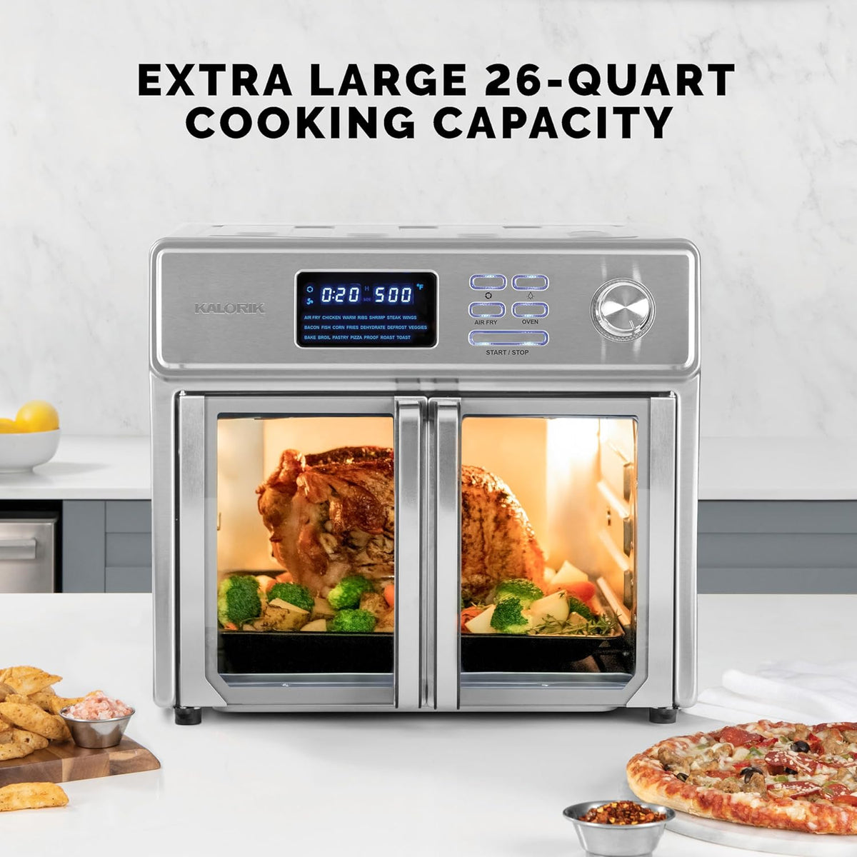Kalorik MAXX Air Fryer Oven, 26 Quart 10-in-1 Countertop Toaster Oven & Air Fryer Combo - Fry, Bake, Roast, Rotisserie, & More, Large Glass French