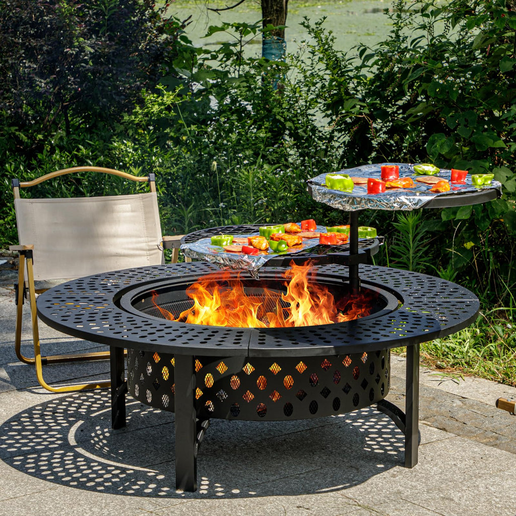 47 Inch Fire Pit with 2 Grills, Wood Burning Fire Pits for Outside with Lid & Poker, BBQ& Outdoor Firepit & Round Metal Table 3 in 1 for Patio