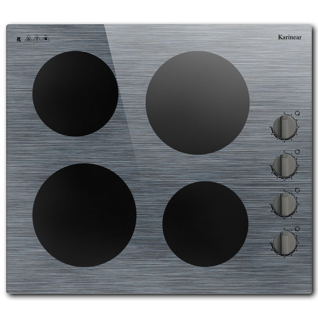 Karinear Electric Cooktop 24 Inch, 4 Burners Electric Stove Knob Control, Built-in Ceramic Cooktop with Beautiful Woodgrain Pattern Glass Surface