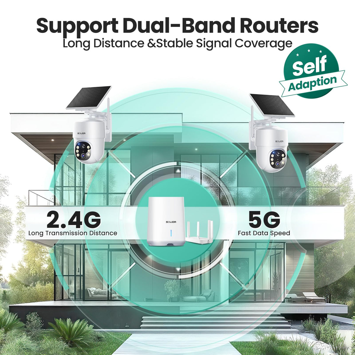 SOLIOM- 5MP Security Cameras Wireless Outdoor, No Subscription,4-Cam Pack, Solar Powered Home Security Camera with 360 Auto Tracking, Pan & Tilt, 3K