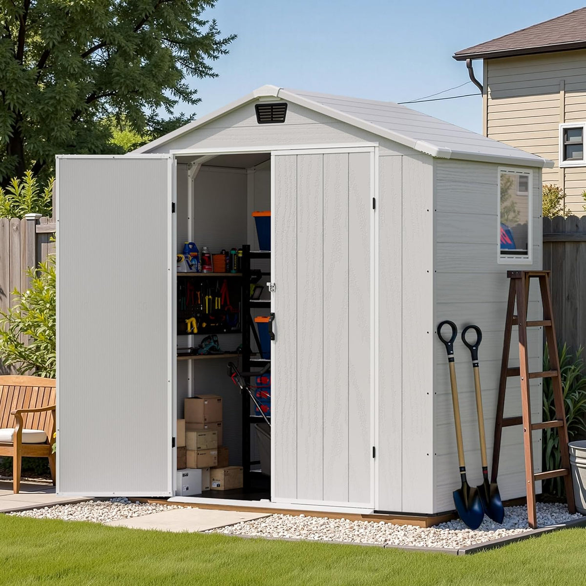 Patiowell 6X4 FT Outdoor Storage Shed, Plastic Tool Sheds with Lockable Door and Window, Weather-Resistant Garden Shed with Floor for Backyard, Patio