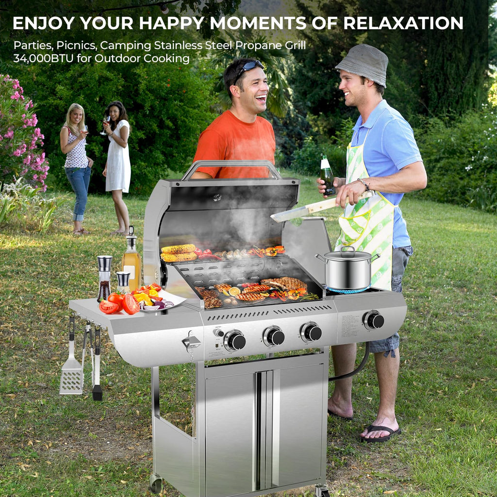 R.W.FLAME 3-Burner Propane Gas Grill With Sider Burner, Stainless Steel Propane Grill 34,000BTU, Multifunction & Protable Outdoor Barbecue Grill with