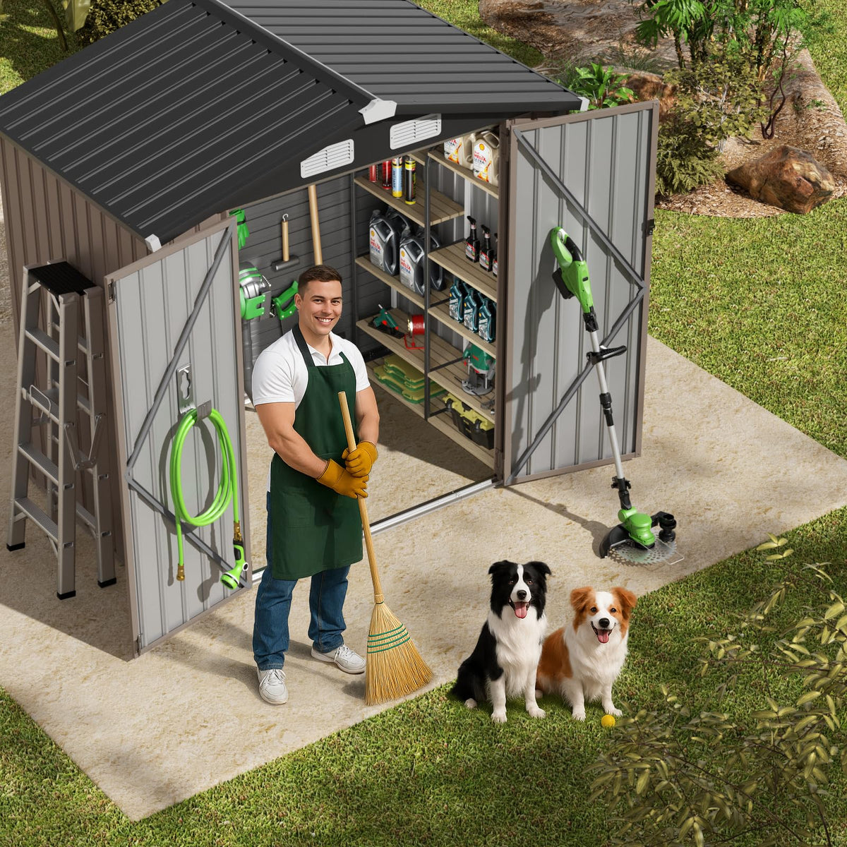 GVDV 10x14 FT Outdoor Metal Storage Shed, Durable Garden Shed with Updated Frame Structure for Backyard, Patio, Tool Storage, All-Weather Shelter for