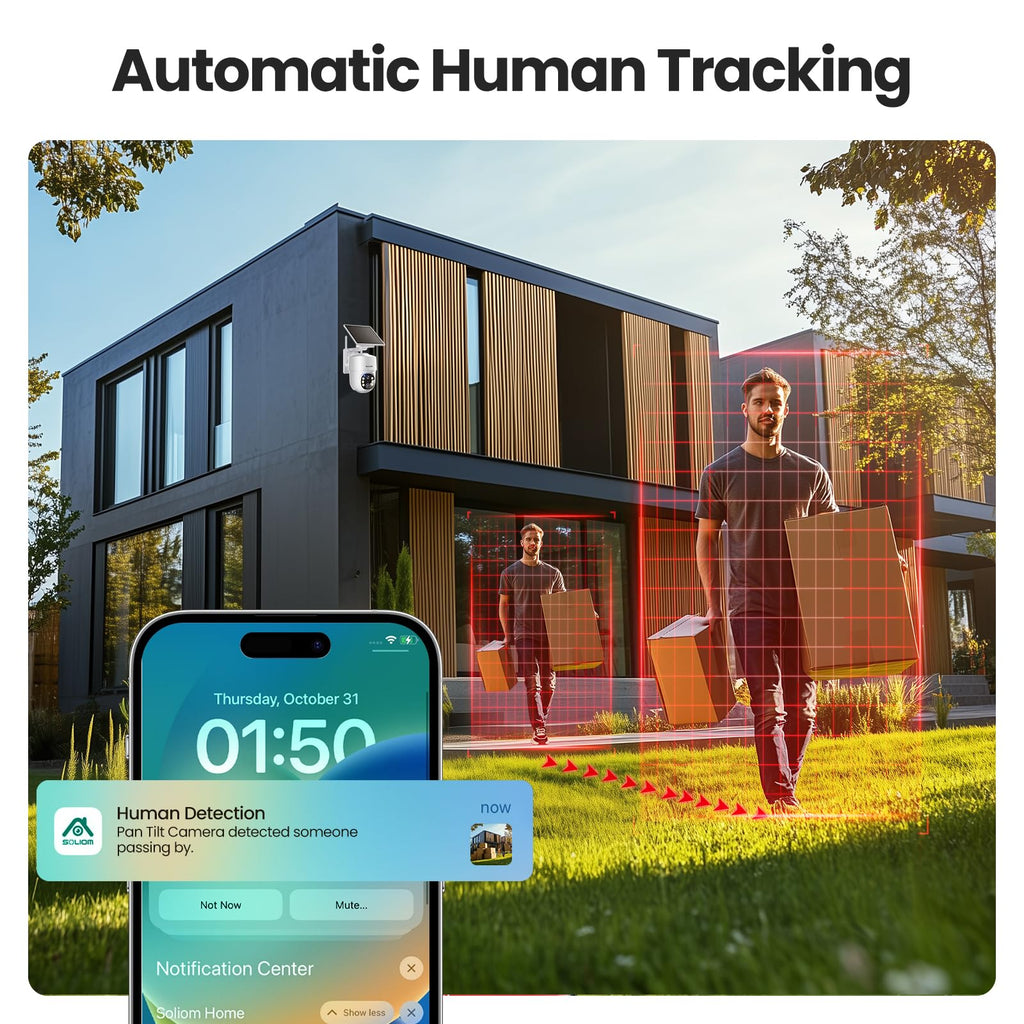 SOLIOM- 5MP Security Cameras Wireless Outdoor, No Subscription,4-Cam Pack, Solar Powered Home Security Camera with 360 Auto Tracking, Pan & Tilt, 3K