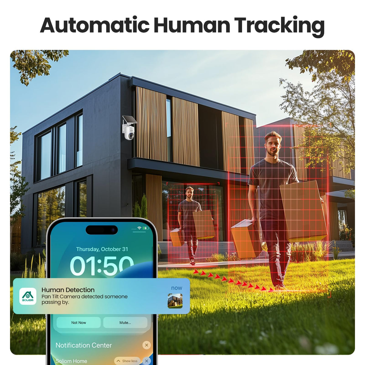 SOLIOM- 5MP Security Cameras Wireless Outdoor, No Subscription,4-Cam Pack, Solar Powered Home Security Camera with 360 Auto Tracking, Pan & Tilt, 3K