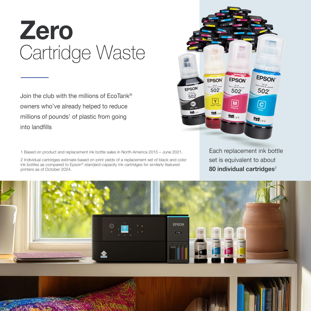 Epson EcoTank ET-2980 Wireless All-in-One Color Supertank Printer with up to 3 Years of Ink, Refillable Tanks, Perfect for Home, 15 PPM, 1.44" Color