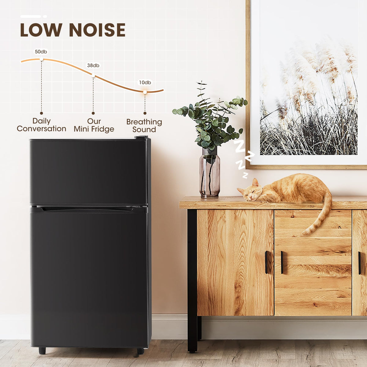 Manastin 3.5 Cu.Ft 2 Door Mini Fridge with Freezer, Small Refrigerator, 7 Level Adjustable Thermostat, Compact Fridge for Living Room, Dorm, Office