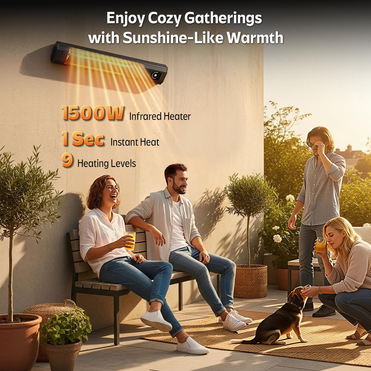 Outdoor Electric Patio Heater, 42-inch 1500W Infrared Tower Heater with 9 Heat Settings & 9H Timer, IPX5 Waterproof, Safety Lock, Tip-Over & Overheat