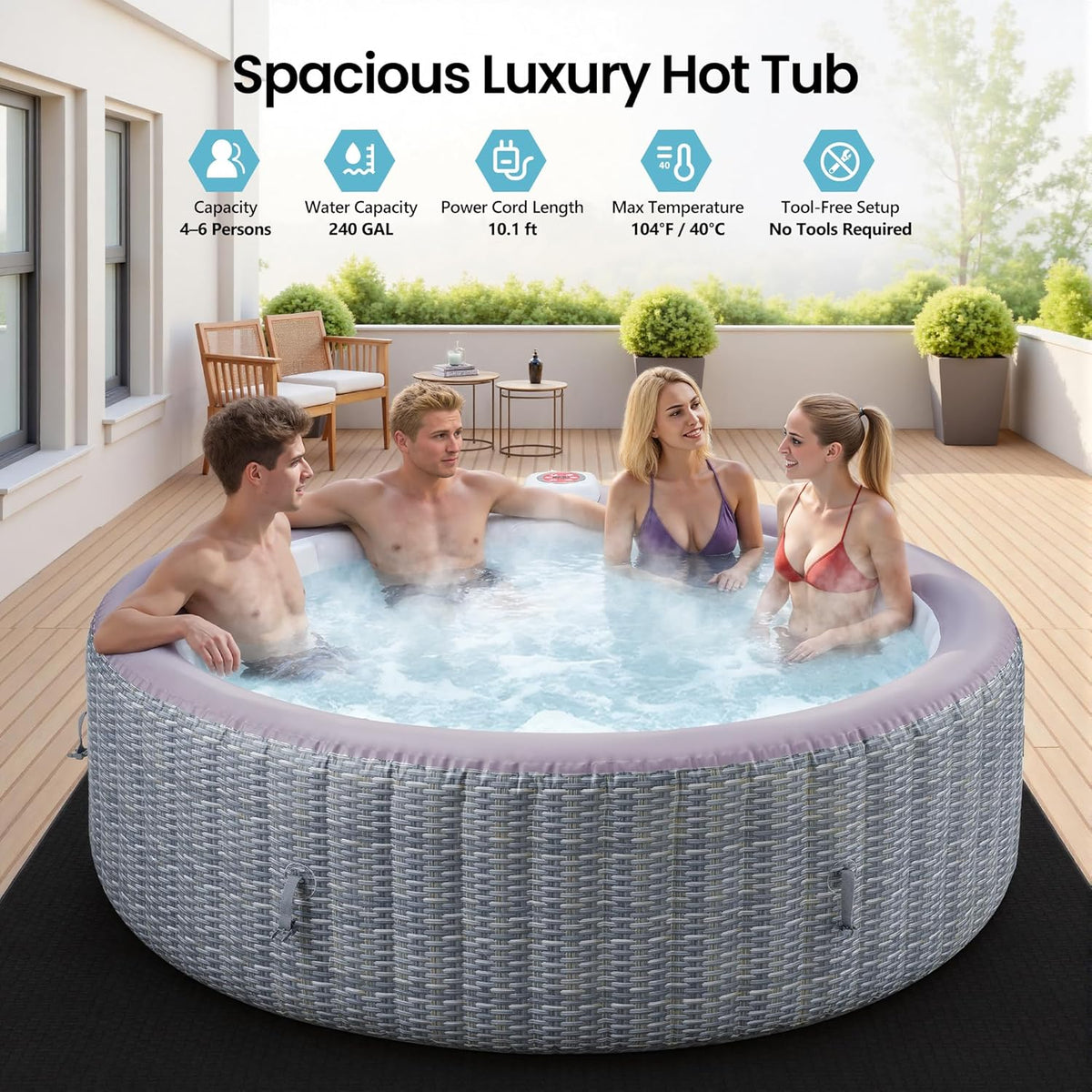 Inflatable Hot Tub Spa for 2C6 Persons, Outdoor Portable Jacuzzi with 1350W Heater & Bubble Massage System, 104F Fast Heating, Insulated Cover, Easy