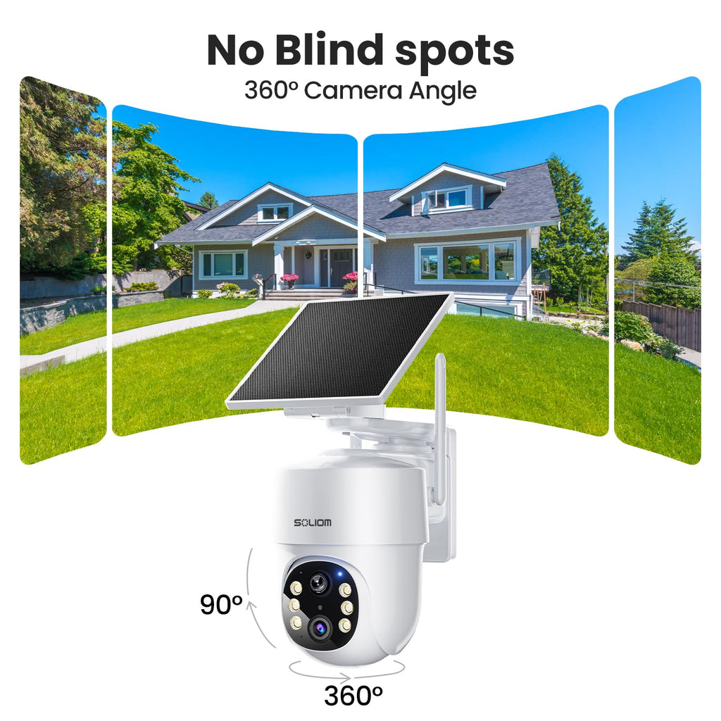 SOLIOM- 5MP Security Cameras Wireless Outdoor, No Subscription,4-Cam Pack, Solar Powered Home Security Camera with 360 Auto Tracking, Pan & Tilt, 3K