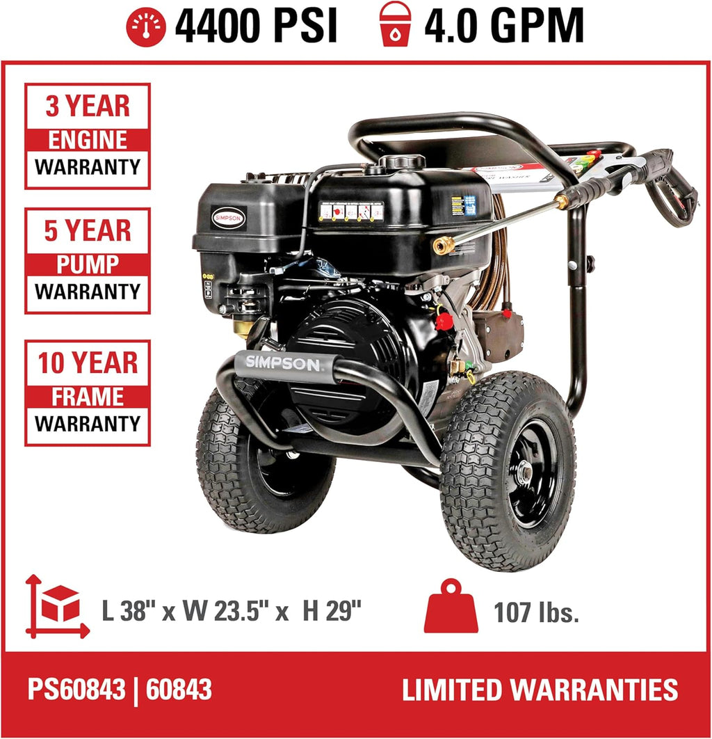Simpson 4400 PSI Gas Pressure Washer, 4.0 GPM Commercial Power Washer, Cold Water, 50' Hose, PowerShot, 49-State Compliant (PS60843)