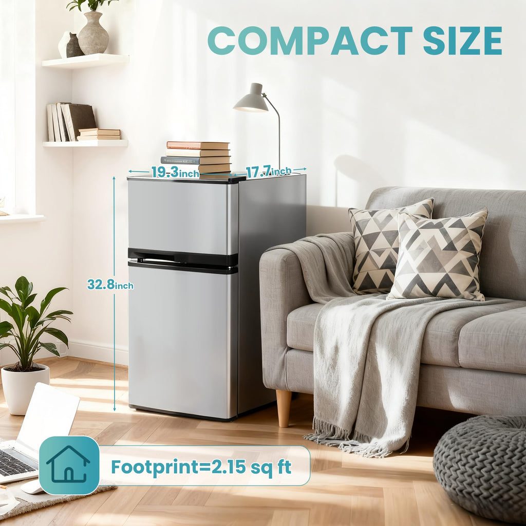 Double Door Refrigerator with Freezer, 3.5 Cu.Ft, Small Fridge with Freezer, 7 Settings Temperature Adjustable, Mini Refrigerator for Office Dorm