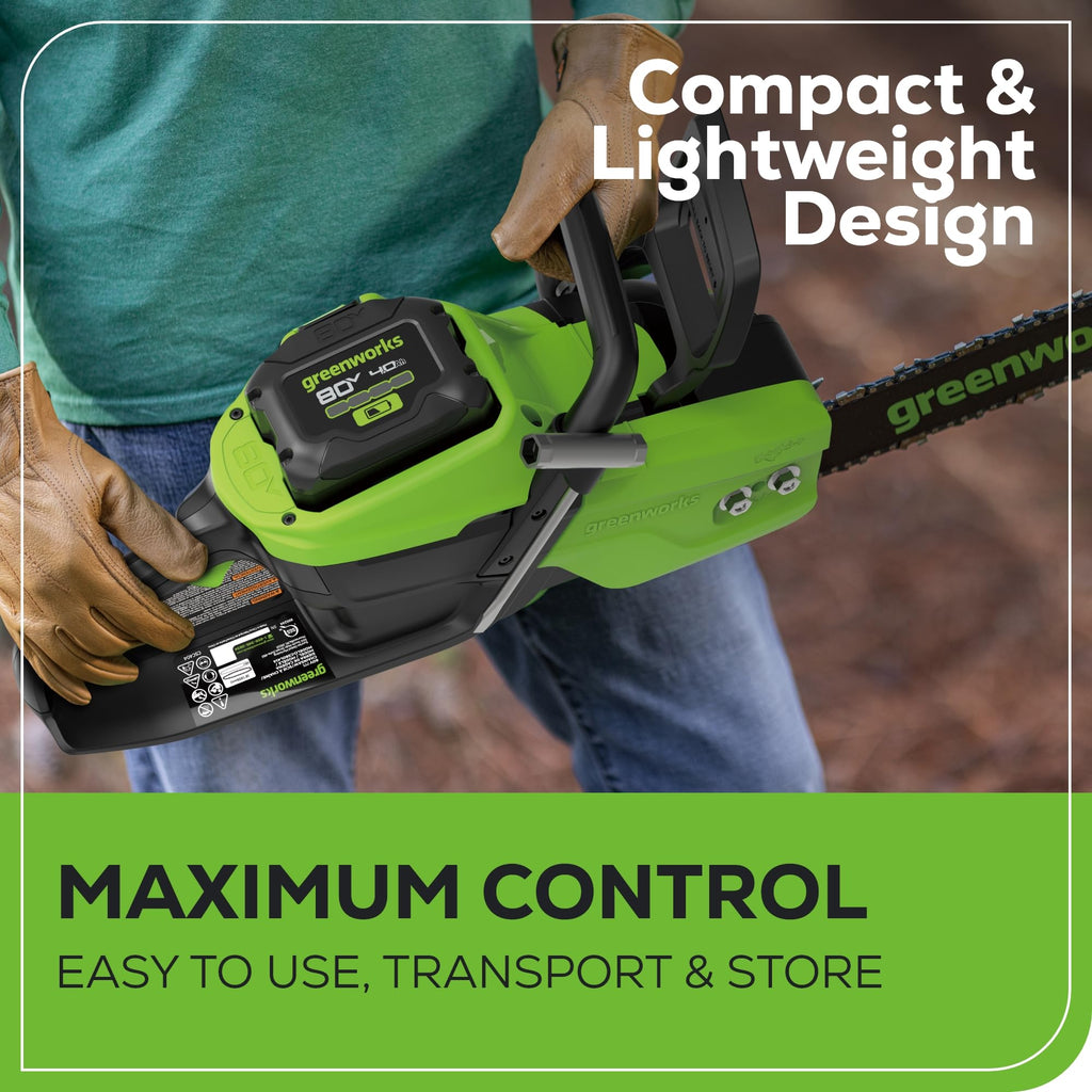 Greenworks 80V 18" Brushless Cordless Chainsaw (Great For Tree Felling, Limbing, Pruning, and Firewood) / 75+ Compatible Tools), 2.0Ah Battery and