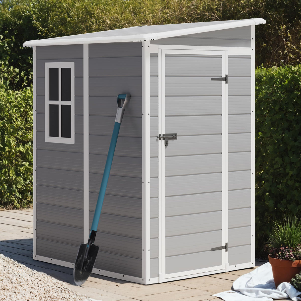 Greesum Outdoor Storage Shed 6X4FT All-Weather Resin Tool Room with Floor for Garden,Backyard,Pool Tool, Light Grey