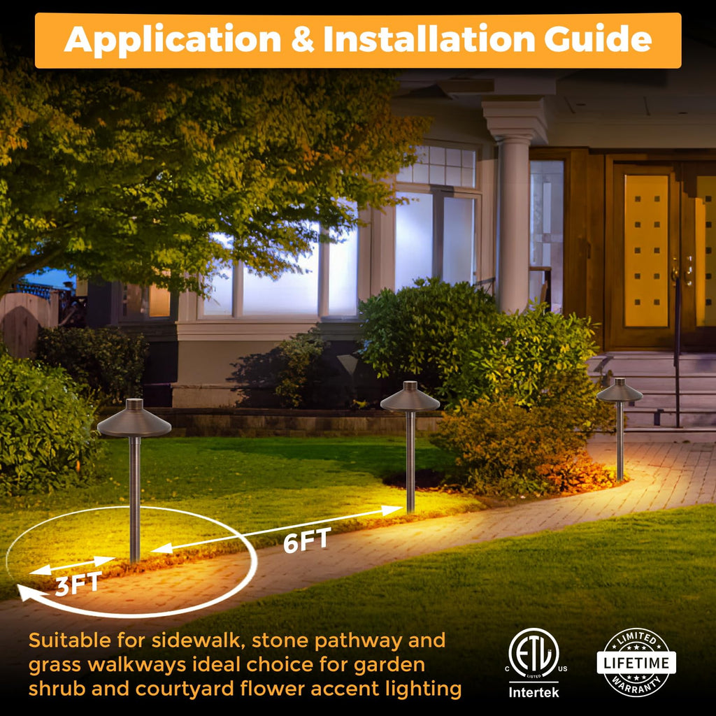 Gardencoin Solid Brass Low Voltage Pathway Lights (6.7'' Shade, 21.9'' Tall), 12V AC/DC Heavy Duty LED Landscape Path Lights Outdoor Wired, Antique