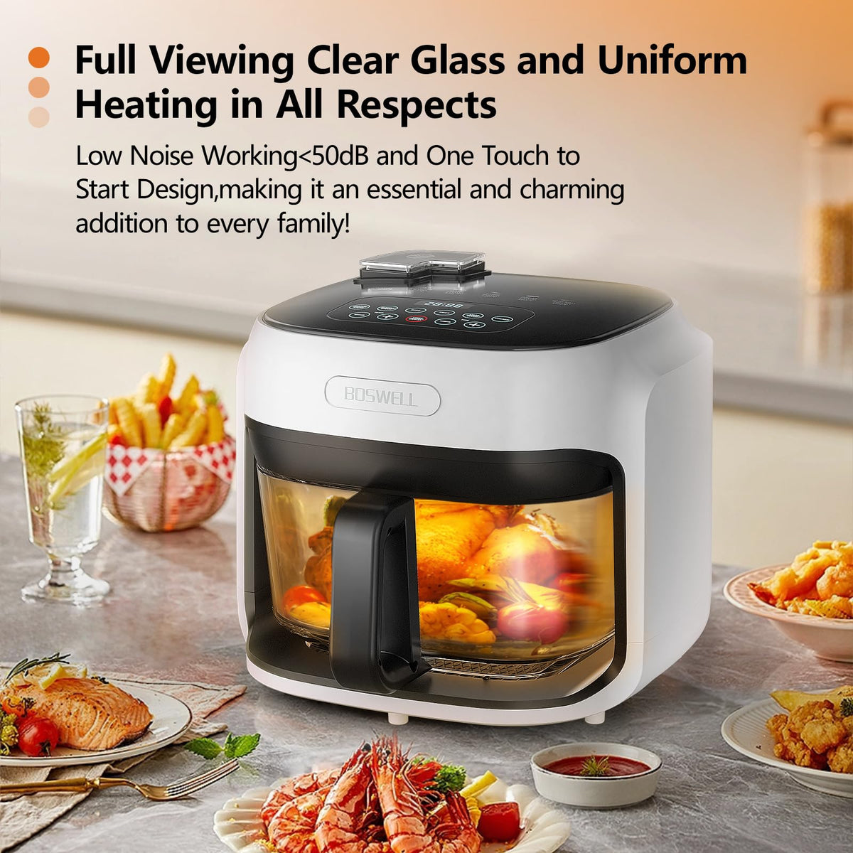 BOSWELL Glass Air Fryer, 7.5QT Borosilicate Bowl with Circulating Heat, Digital Touchscreen, 400F Max Temp, Oil-Free Fryer with Mist Function