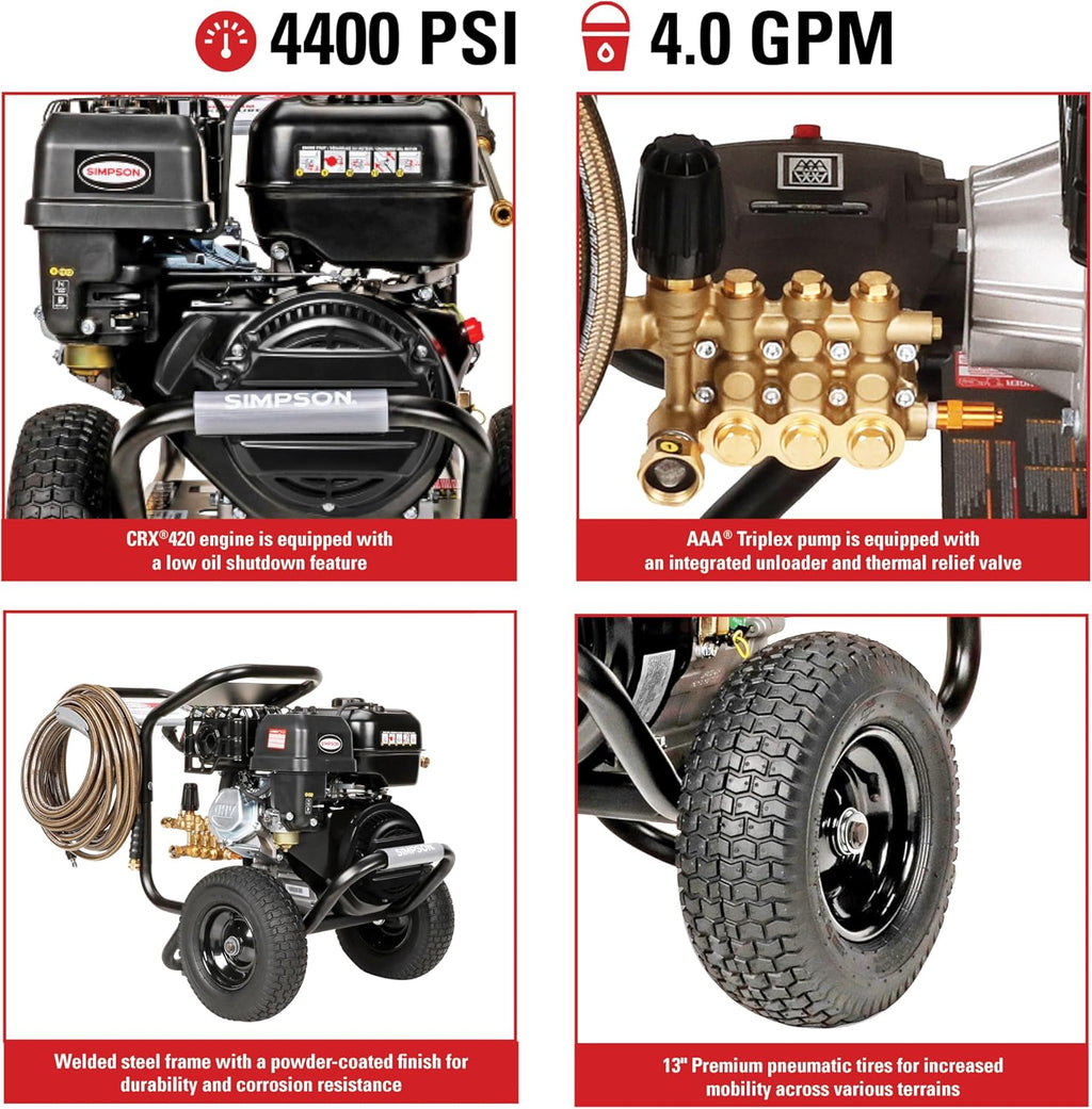 Simpson 4400 PSI Gas Pressure Washer, 4.0 GPM Commercial Power Washer, Cold Water, 50' Hose, PowerShot, 49-State Compliant (PS60843)