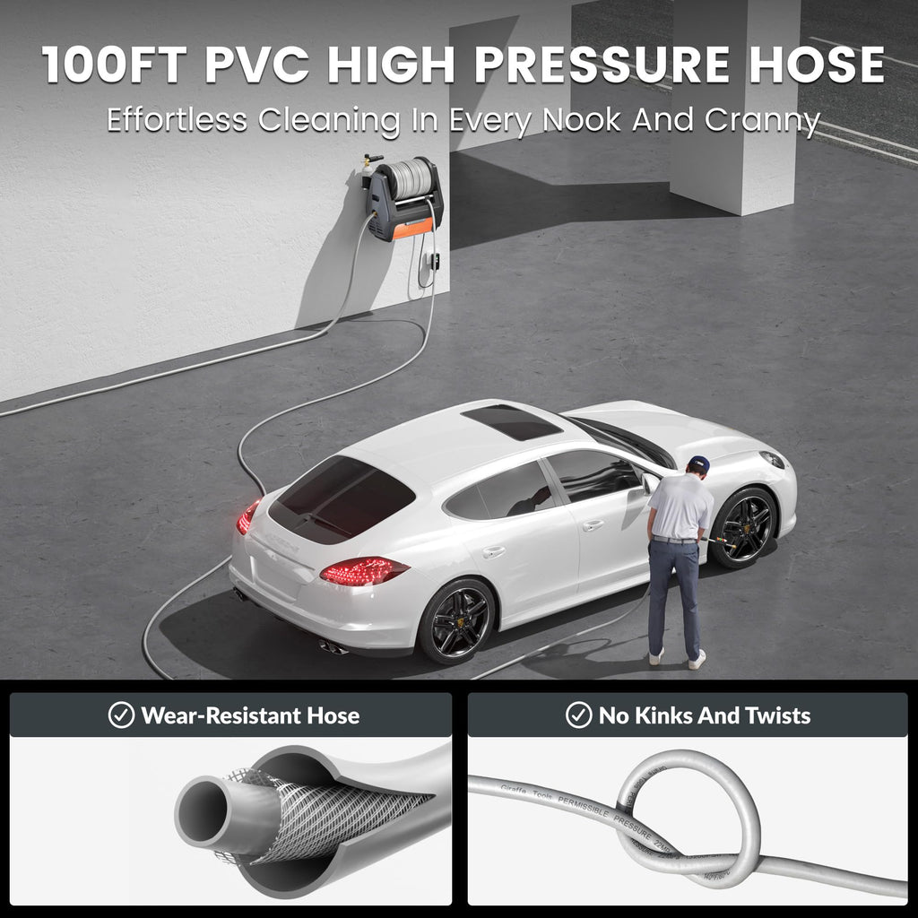 Giraffe Tools Grandfalls Retractable Wall Mount Pressure Washer Plus, Max 2900PSI 2.2 GPM, Electric Power Washer with 100ft Pressure Hose for Car