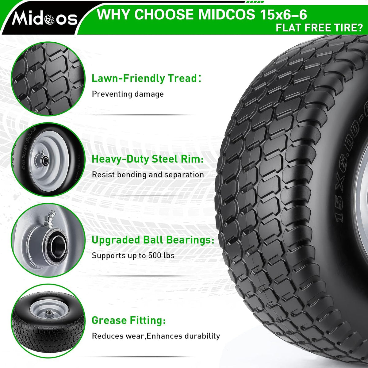 2pcs 15x6.00-6 Flat Free Tire And Wheel, 15x6-6 NHS Lawn Mower Tire