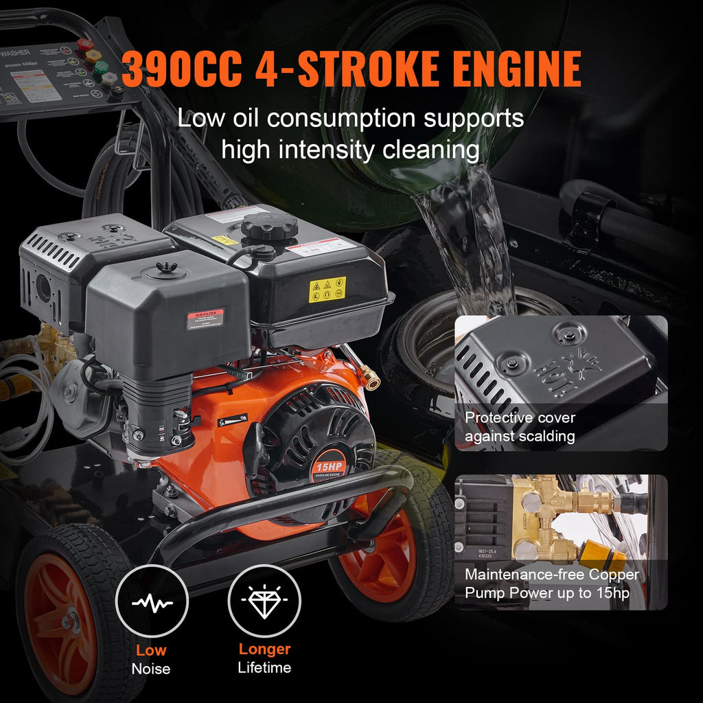 VEVOR Gas Powered Pressure Washer 3400 PSI 2.6 GPM, with Spray Gun and Extension Wand, 5 Quick Connect Nozzles, Copper Pump