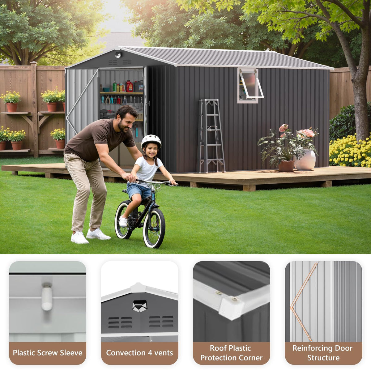 10x12 FT Outdoor Storage Shed, Metal Garden Shed - Tool Storage Sheds with Lockable Doors & 1 Clear Window, Waterproof Outside Storage Building for