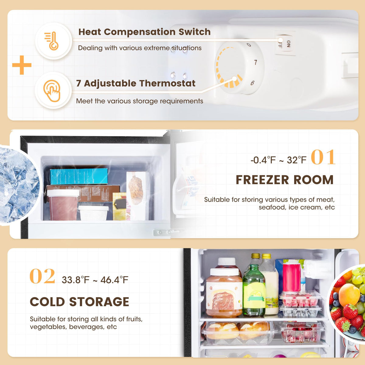 Manastin 3.5 Cu.Ft 2 Door Mini Fridge with Freezer, Small Refrigerator, 7 Level Adjustable Thermostat, Compact Fridge for Living Room, Dorm, Office