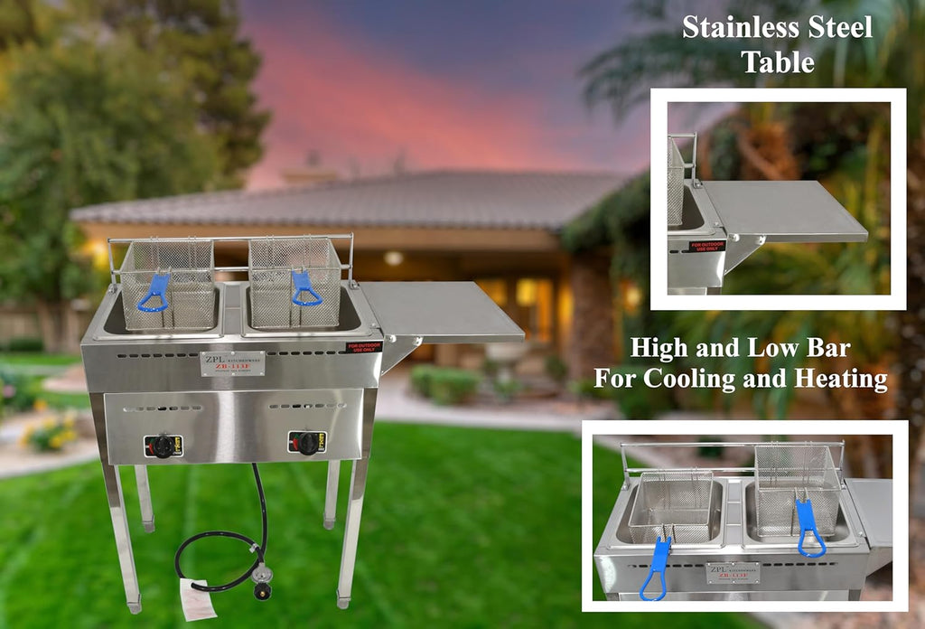 Deep Fryer C Propane Deep Fryer for Outdoor- 18 Qt Stainless Steel Commercial Quality Double Fryer with Baskets, Lids & Hose - Ideal for Frying Fish