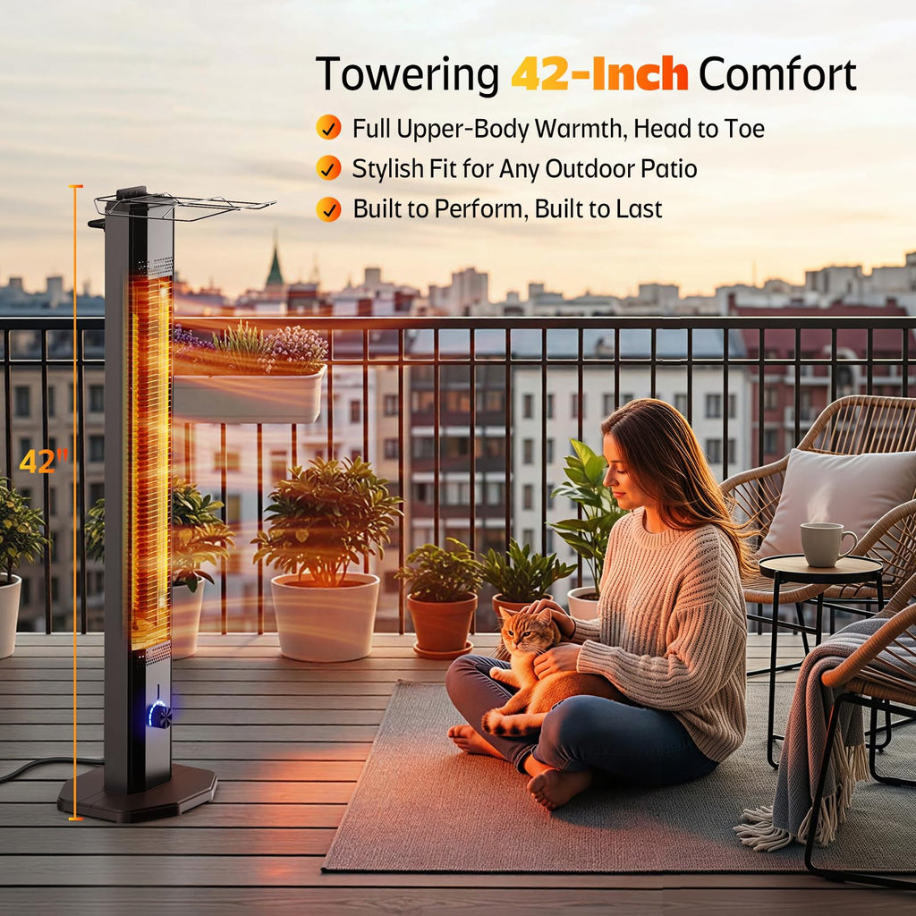 Outdoor Electric Patio Heater, 42-inch 1500W Infrared Tower Heater with 9 Heat Settings & 9H Timer, IPX5 Waterproof, Safety Lock, Tip-Over & Overheat
