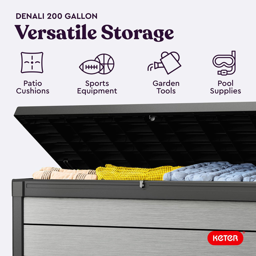 Keter Denali 200 Gallon Resin Large Deck Box with Double Wall 20mm Panels - Paintable and Drillable-Organization and Storage for Patio Furniture and