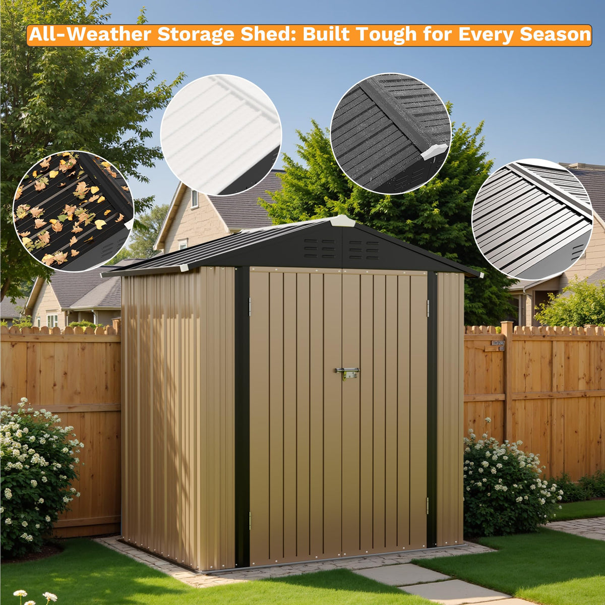 Greesum Outdoor Storage Shed 6 x 8 ft. Utility Tool Shed Metal Storage Garden Shed with Door & Lock for Patio Storage, Brown