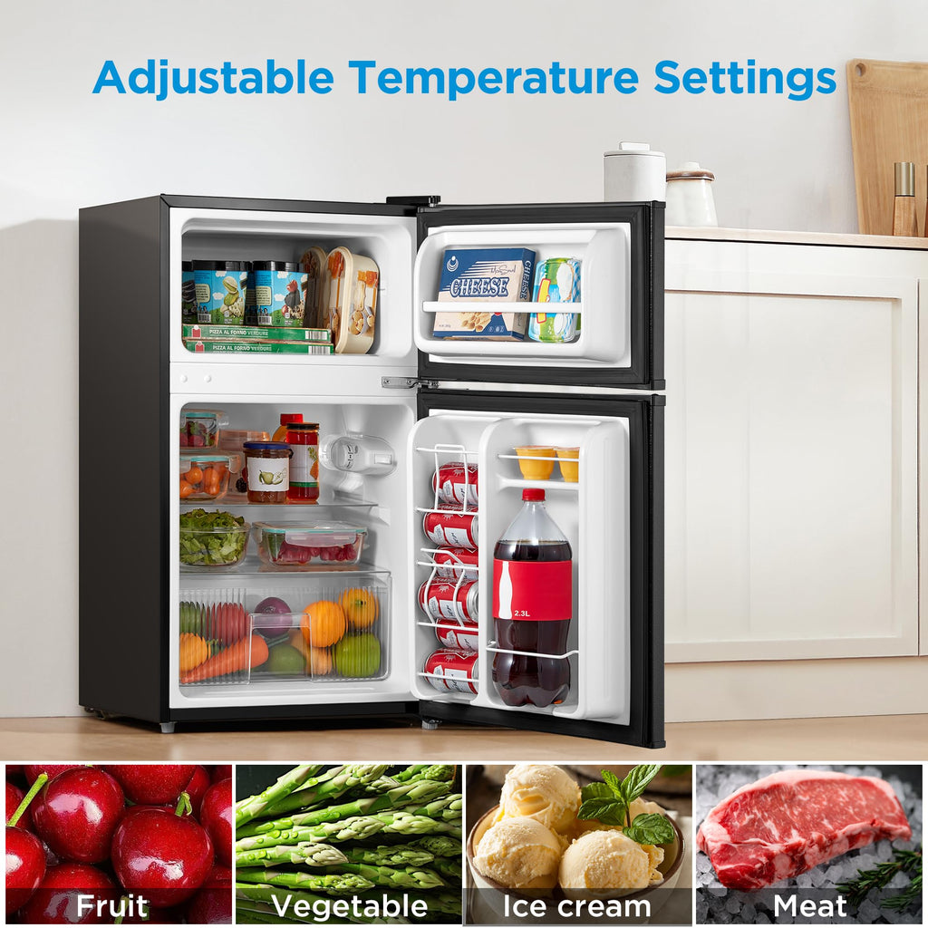 Midea WHD-113FB1 Double Door Mini Fridge with Freezer for Bedroom Office or Dorm with Adjustable Remove Glass Shelves Compact Refrigerator, 3.1 cu ft