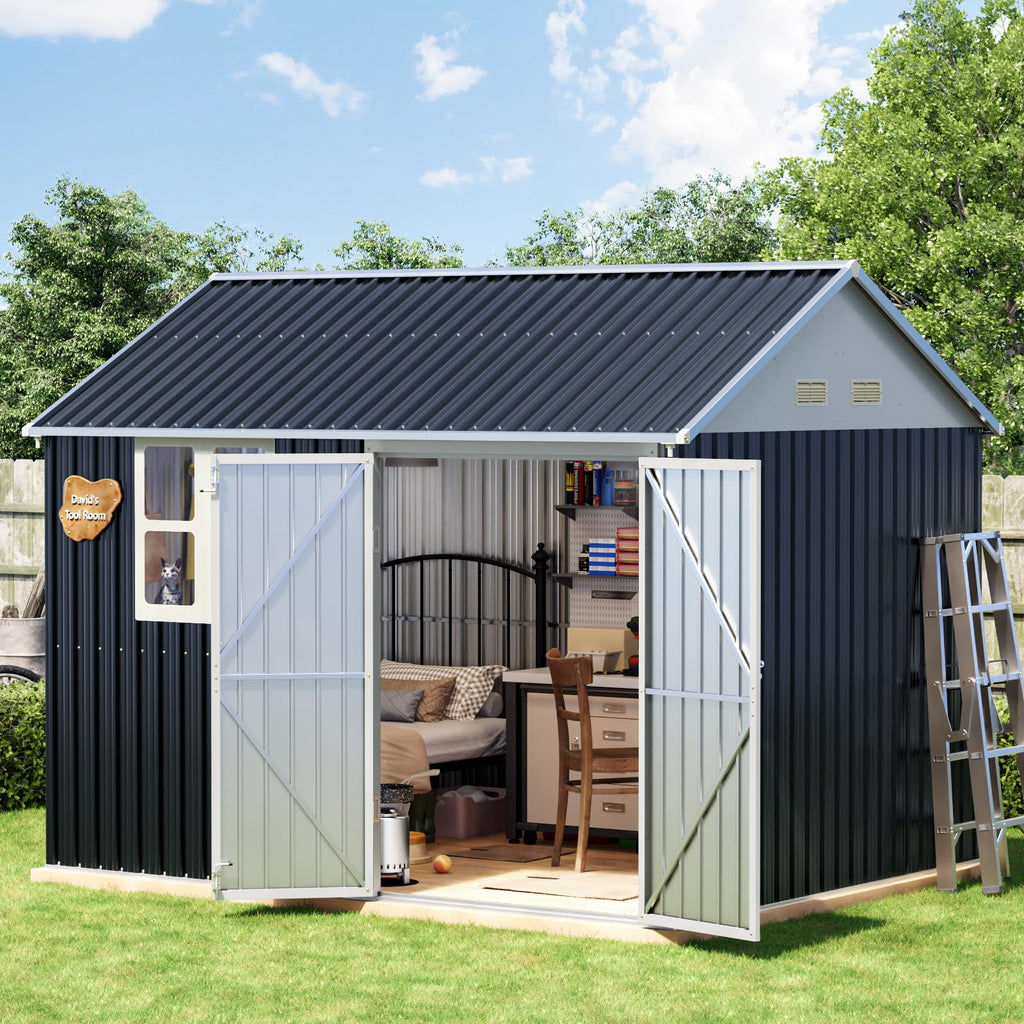 10x10 FT Outdoor Metal Storage Shed, Double Swing Doors, 2 Clear Windows,Tool Shed for Garden, Patio, Backyard Nightblue