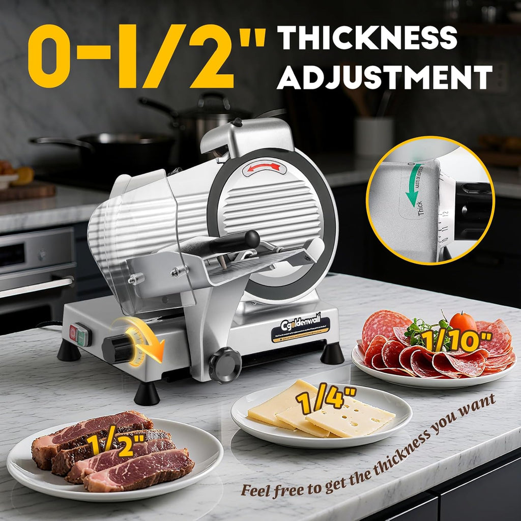 CGOLDENWALL Meat Slicer Machine, 10" 240W Electric Deli Meat Cheese Food Slicer, 0-1/2" Adjustable Thickness Semi-Auto Frozen Meat Slicer for Home &