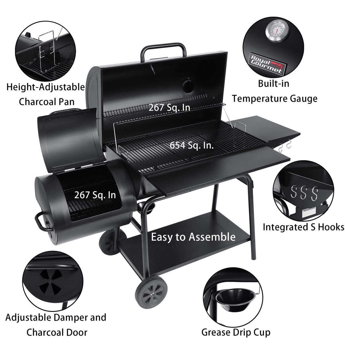 Royal Gourmet CC2036F Barrel Charcoal Grill with Offset Smoker, Outdoor BBQ Grill with 1200 Sq. In. Grilling Area for Large Event Gathering, Black