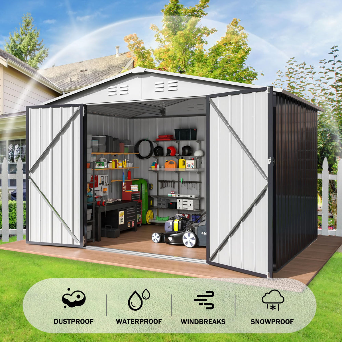 Polar Aurora 12x14 FT Outdoor Storage Shed, Garden Shed with Updated Frame Structure and Lockable Doors, Metal Tool Sheds for Backyard Garden Patio