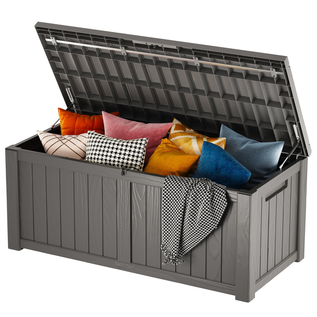 EAST OAK Outdoor Storage Box, 120 Gallon Deck Box with Stainless Steel Rods Large Resin Storage Bin for Patio Cushions, Garden Tools, Waterproof and